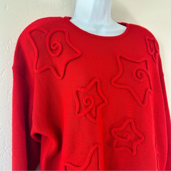 L’EAU VIVE  80s Red 3D Knit Stars Fringe Hem Sweater Size M - Picture 4 of 10